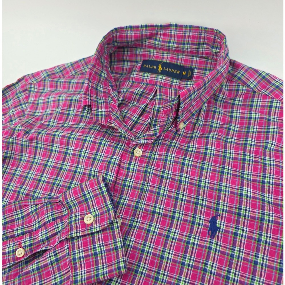Ralph Lauren Mens Medium Pink Plaid Button Down Shirt Long Sleeve Cotton